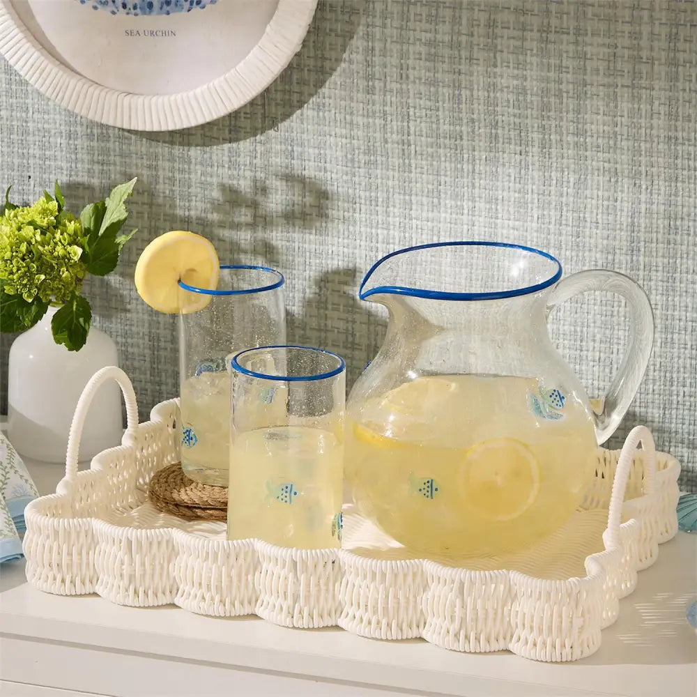 Set of 2 All Weather Wicker Scallop Edge Serving Trays with Handles - Tray