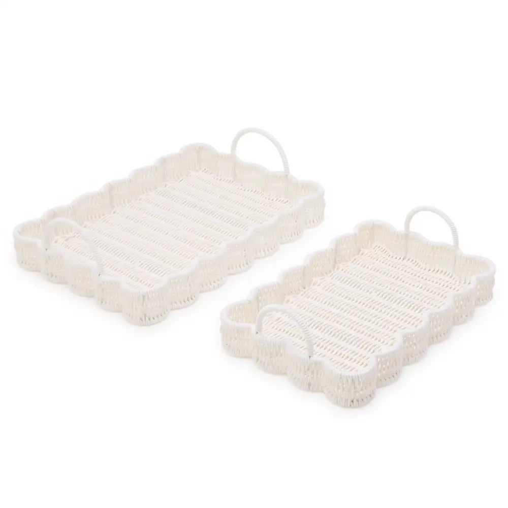 Set of 2 All Weather Wicker Scallop Edge Serving Trays with Handles - Tray