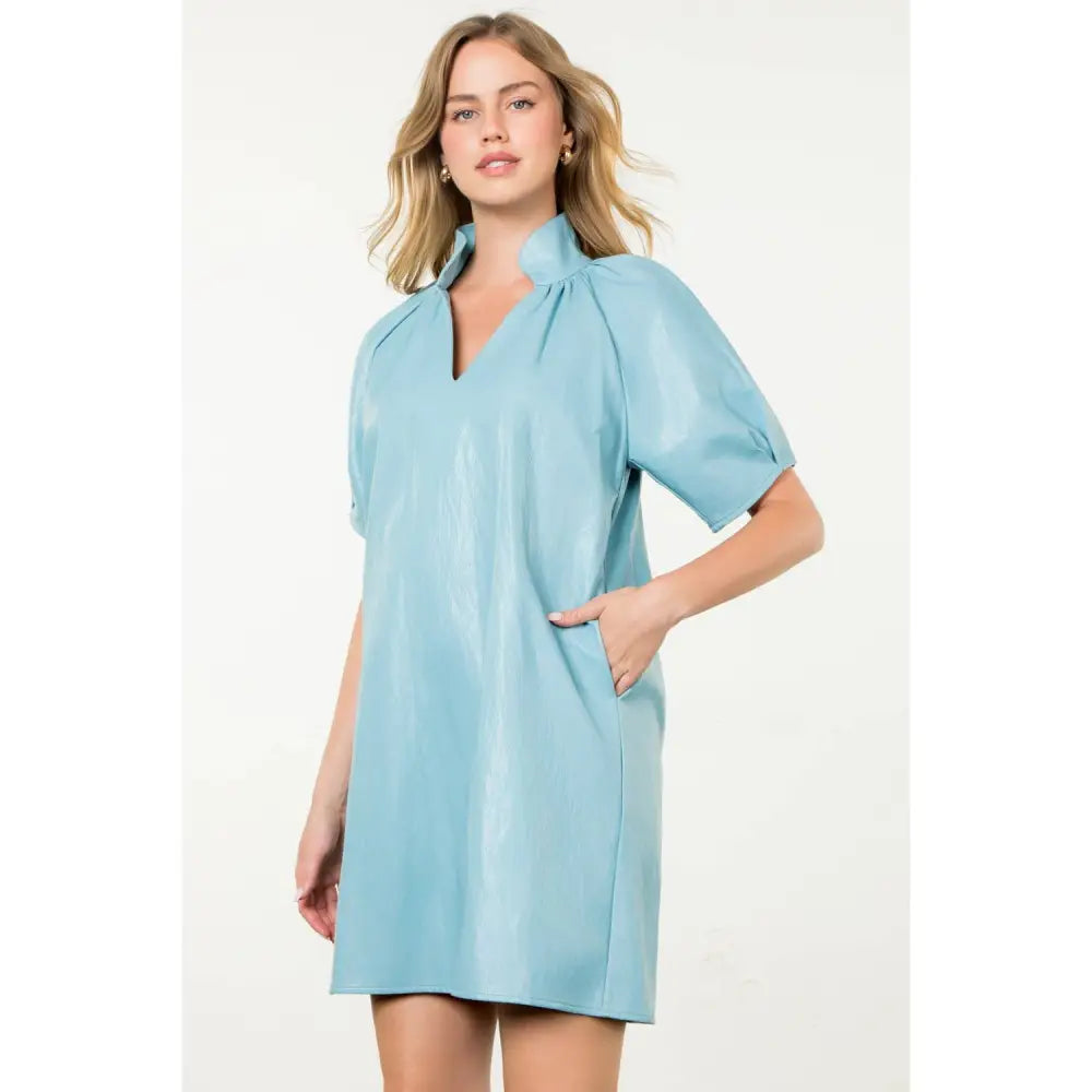 Short Sleeve Leather Midi Dress - LIGHT BLUE / XS-S-M-L(1-2-2-1)