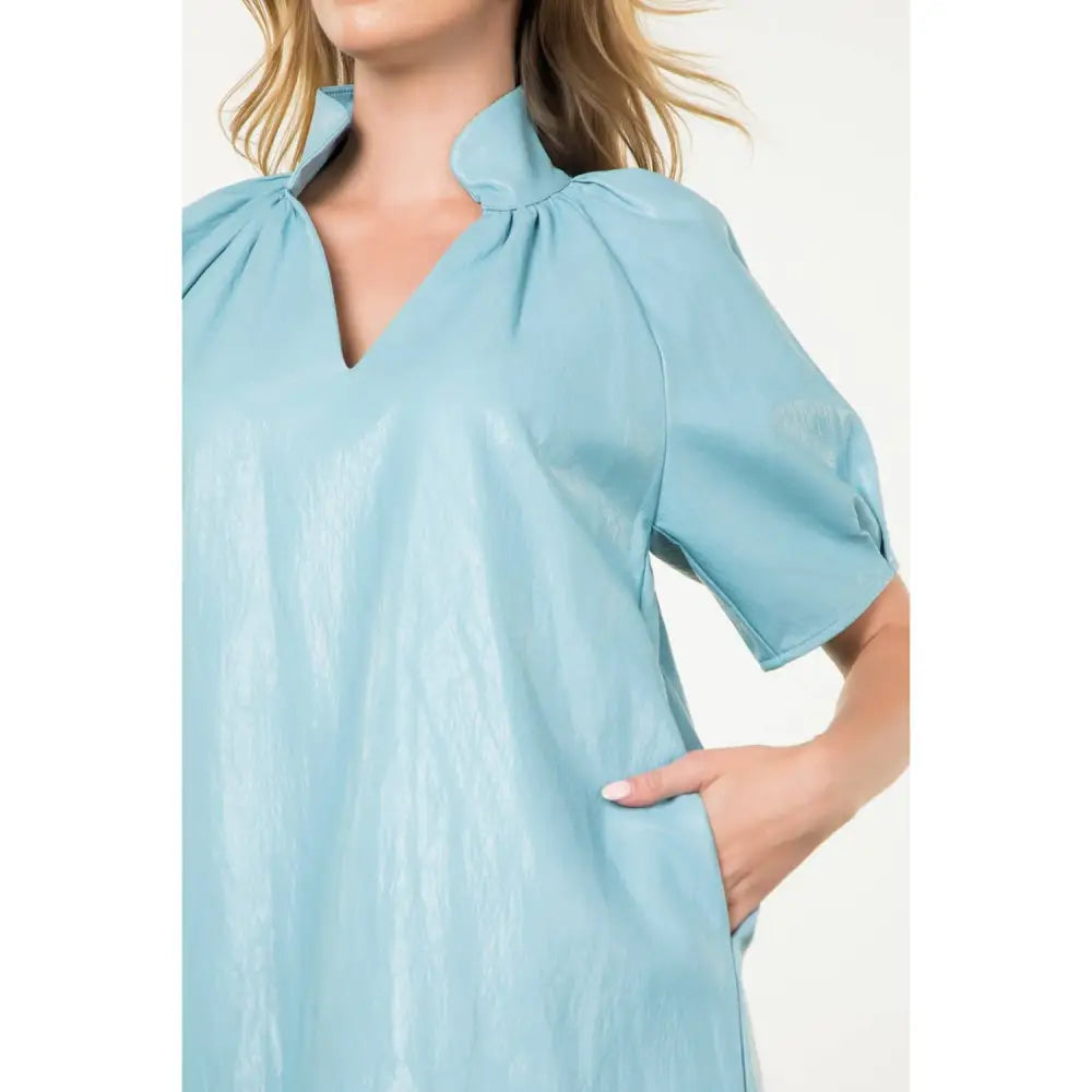 Short Sleeve Leather Midi Dress - LIGHT BLUE / XS-S-M-L(1-2-2-1)
