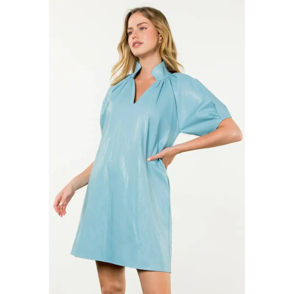 Short Sleeve Leather Midi Dress - LIGHT BLUE / XS-S-M-L(1-2-2-1)