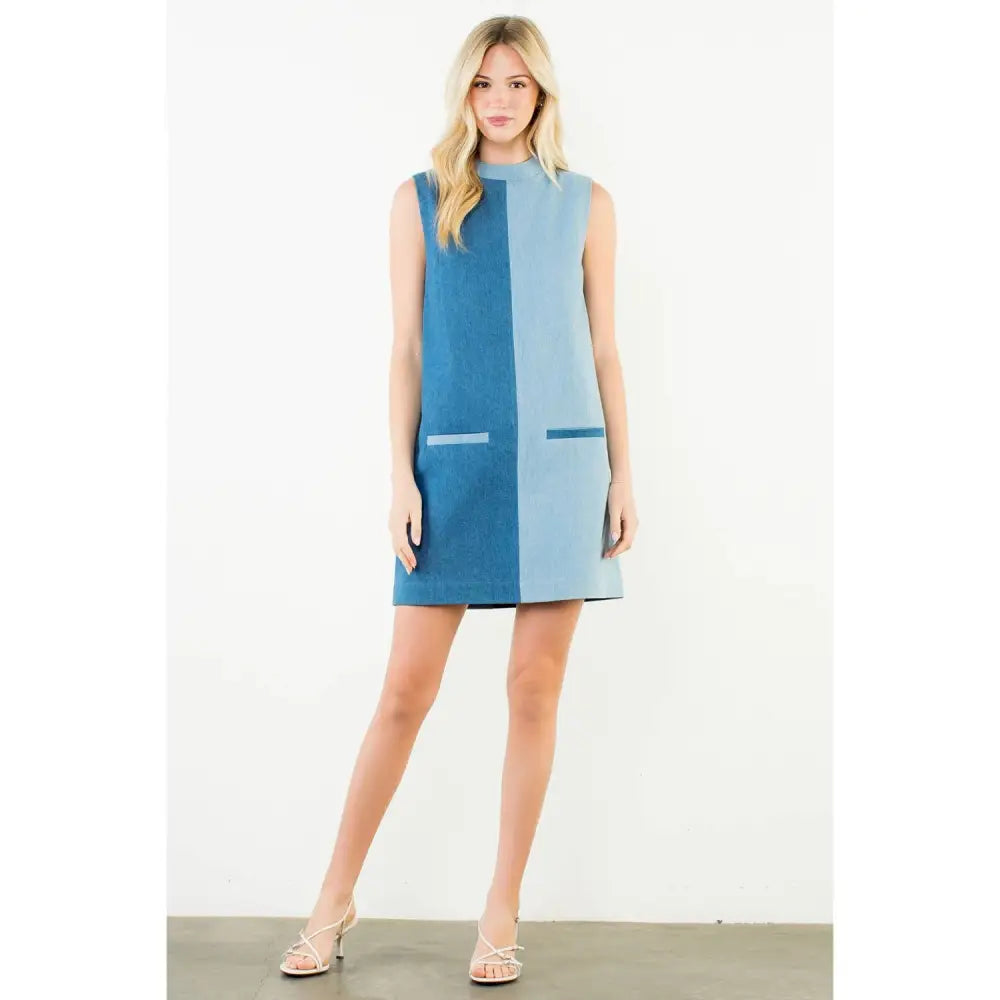 Sleveeless Colorblocked Denim Dress - XS-S-M-L(1-2-2-1) / DENIM BLUE