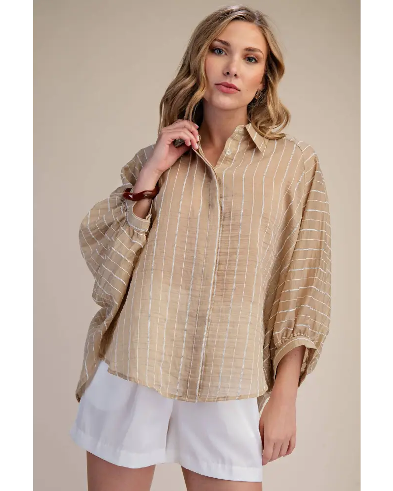 Spring Summer Button Down Sheer Stripe Shirt - L / Taupe