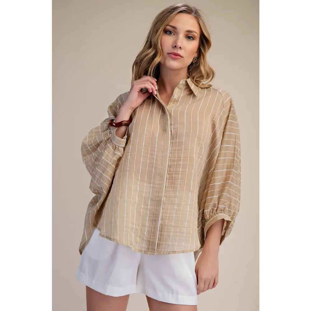 Spring Summer Button Down Sheer Stripe Shirt - L / Taupe
