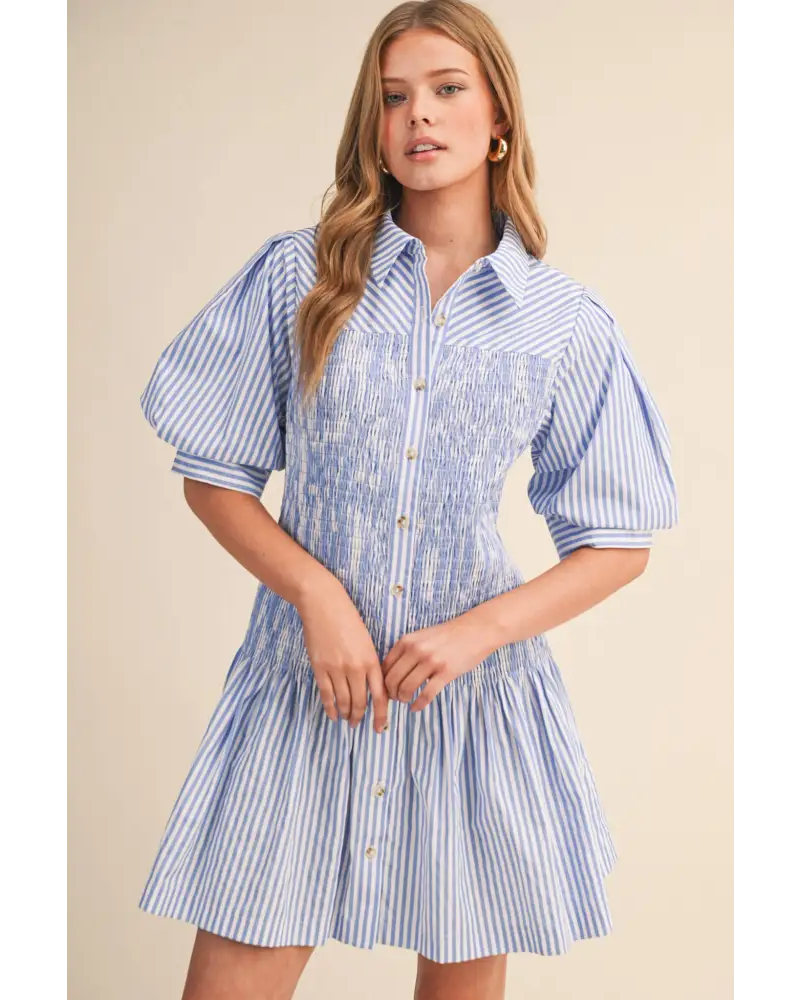 STRIPED SMOCKED BODICE MINI DRESS MDR4507