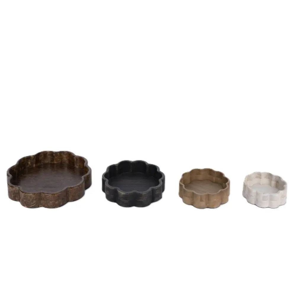 T123 Wooden Scalloped Trays - (Set of 4) 15.75’’ x 15’’ x 1.75’’ 11.75’’ x 11.5’’ x 1.75’’ 9.5’’ x 9’’ x 1.75’’ &