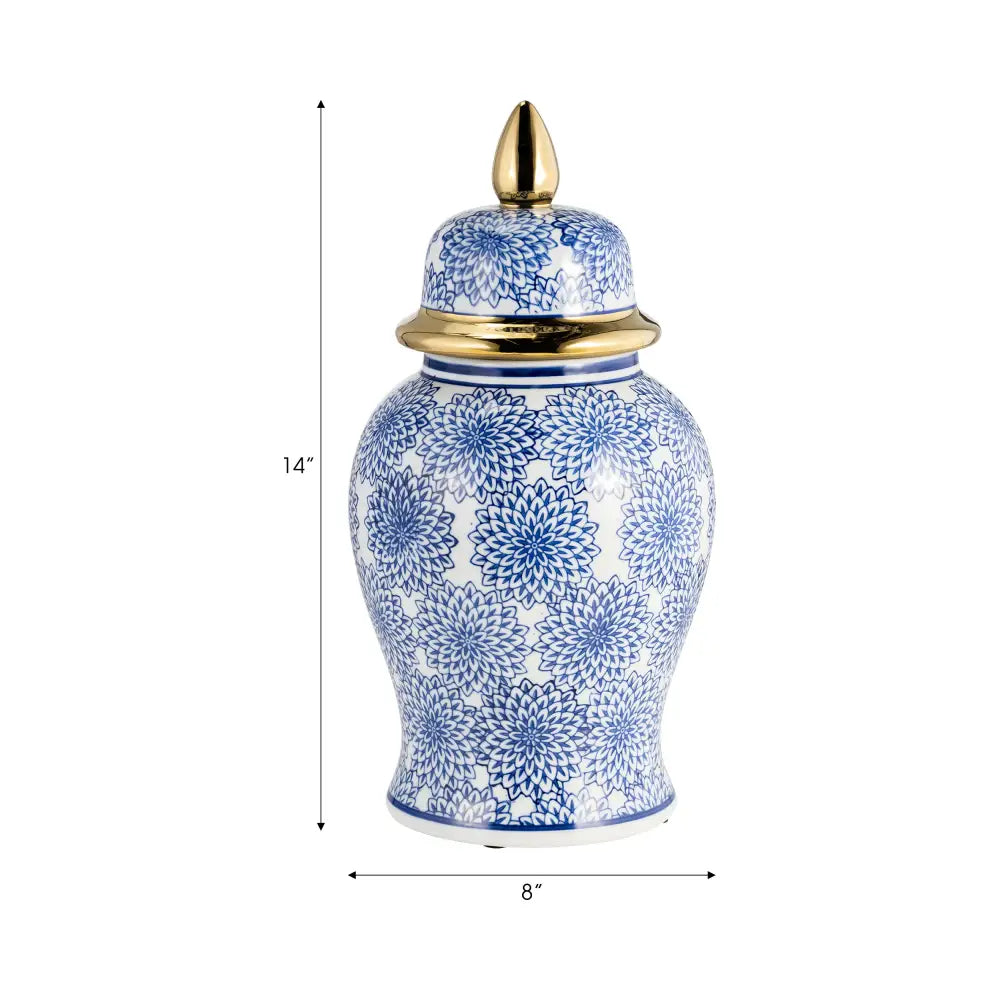 Temple Jar - Blue/White Ceramic with Dahlia Flower 14 in.