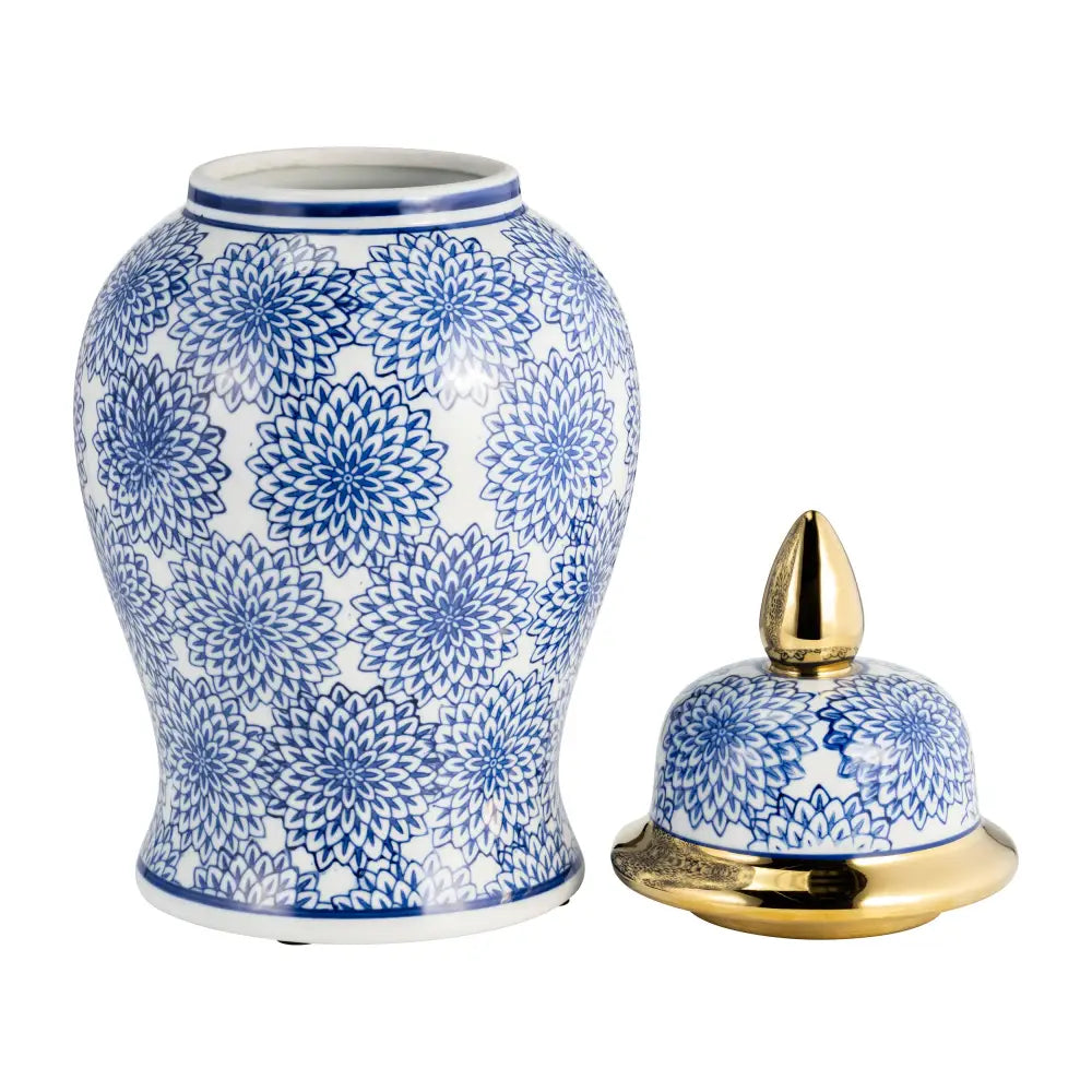 Temple Jar - Blue/White Ceramic with Dahlia Flower 14 in.