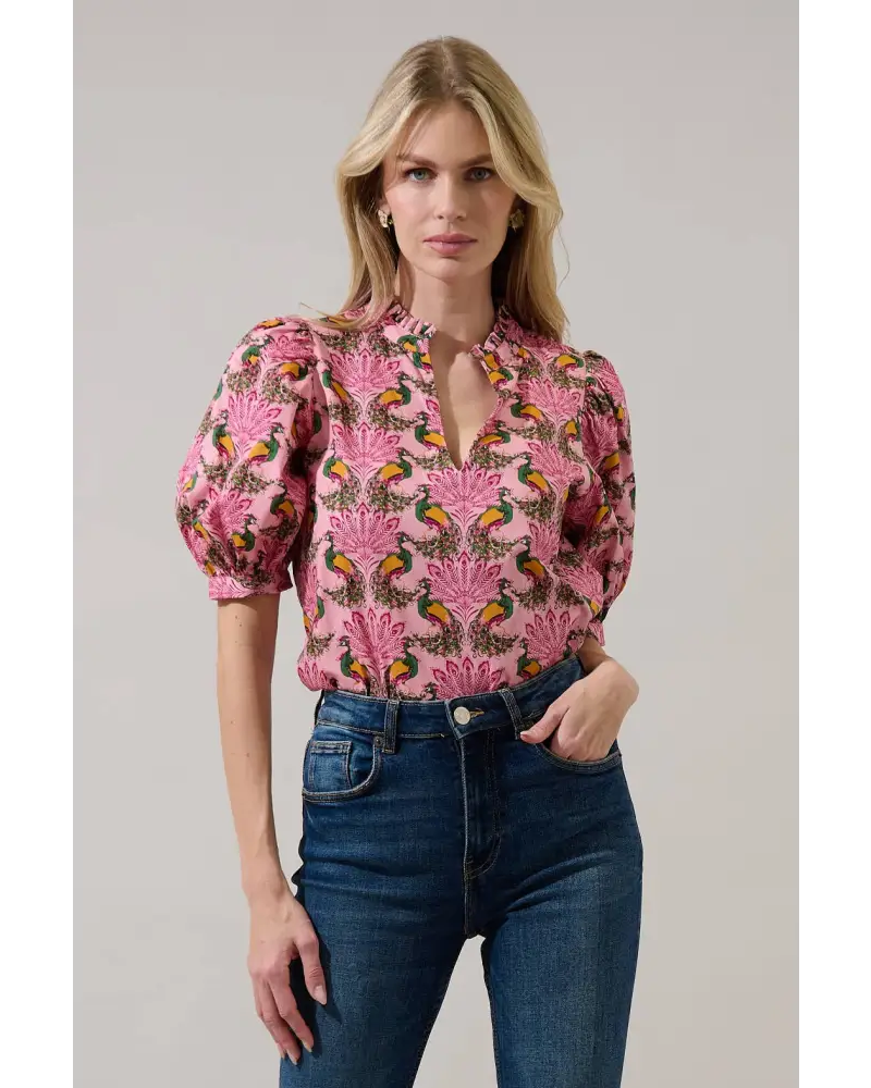 Terri Puff Sleeve Top Peacock Bay - XS / PINK-GREEN