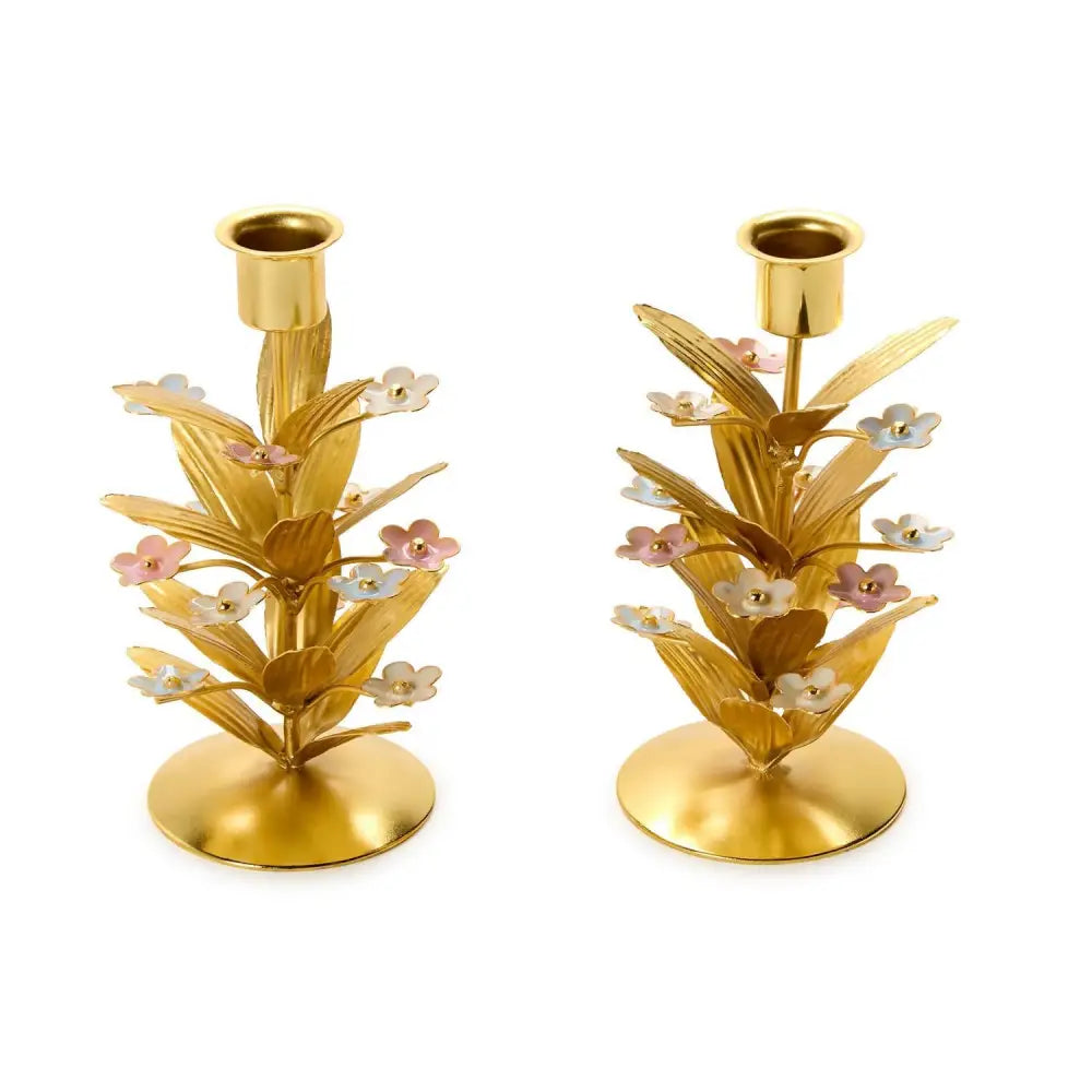 Tri-Flower Set of 2 Flower Embellished Taper Candle Candleholders - Candleholder