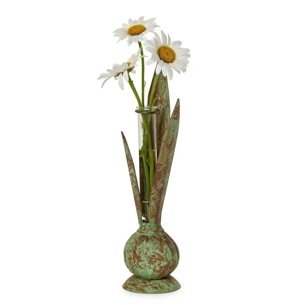 Verdigris Hand-Crafted Bulb and Leaf Vase - Vase