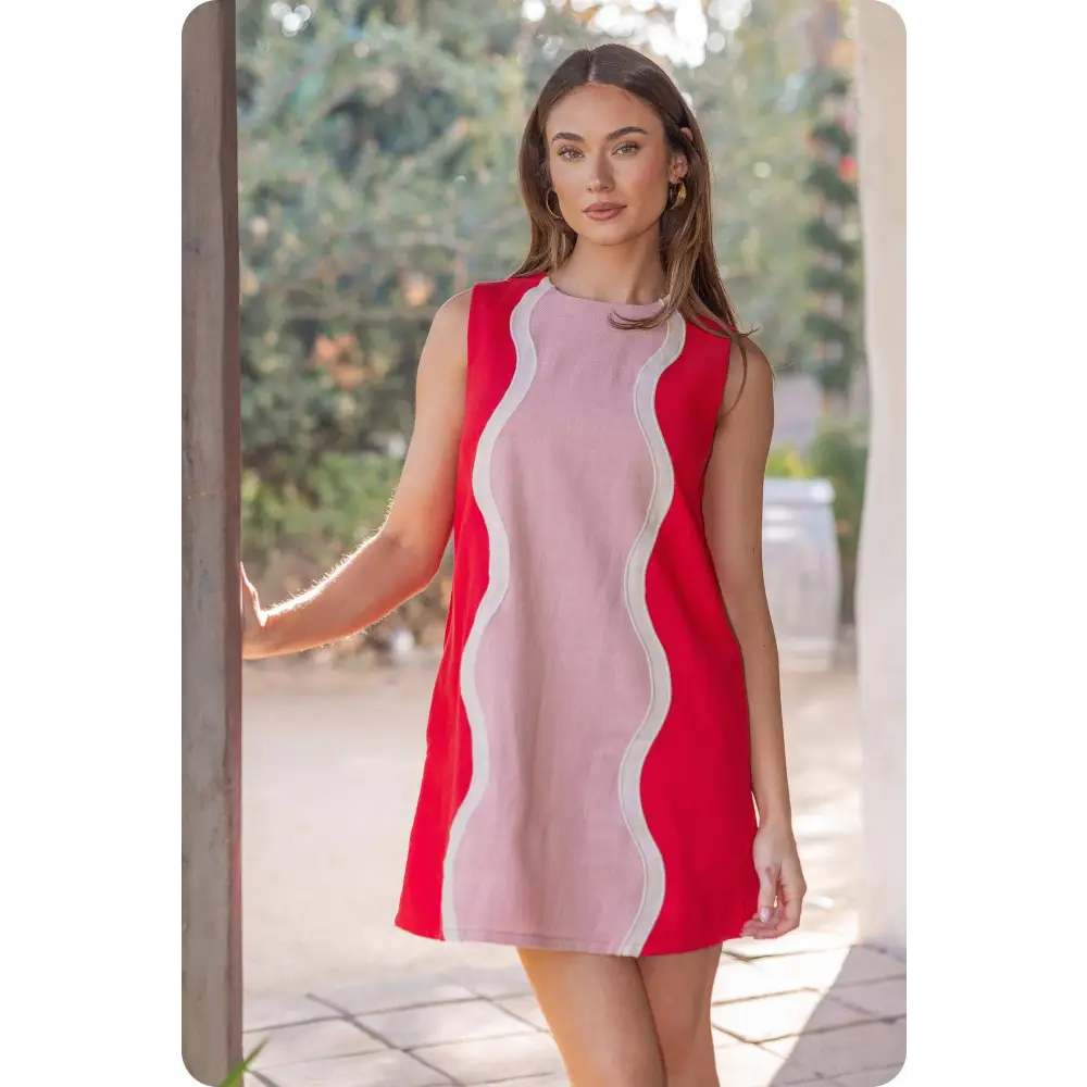 Wavy Contrast Color Block Mini Dress - Red/pink/cream / S