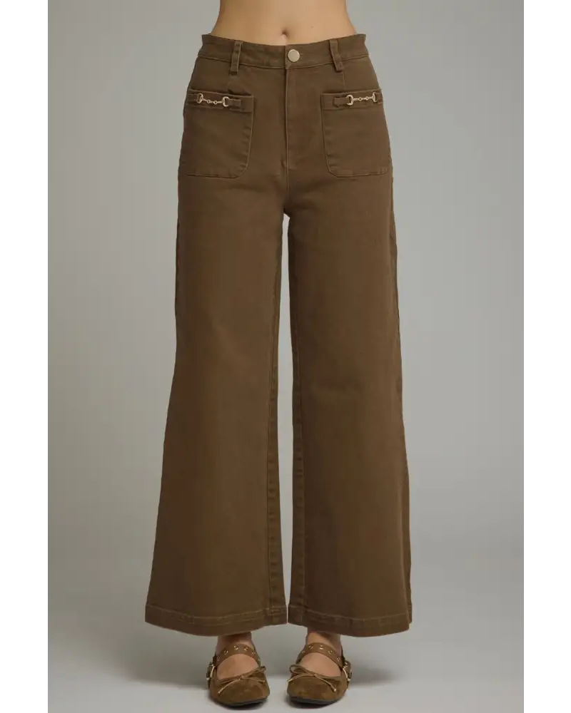 Wide Leg Pant with Gold Accents on Pockets - S - Pants
