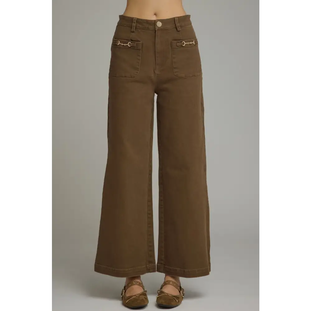 Wide Leg Pant with Gold Accents on Pockets - S - Pants