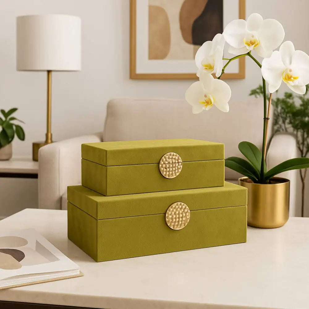 Wood Medallion Decorative Box Set of 2 - Green 10/12 in.
