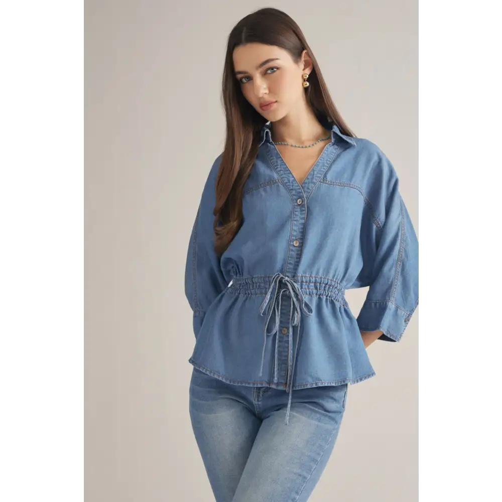 ¾ Sleeve Top With Drawstring - S