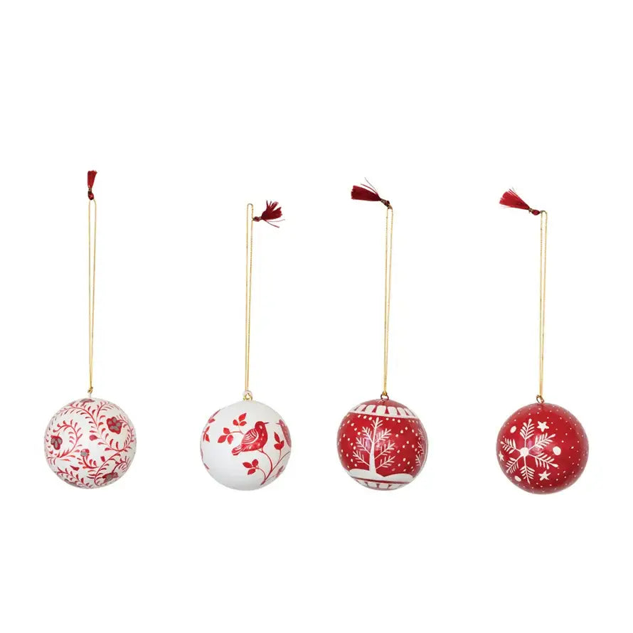 3’’ ROUND PAPER MACHE RED & WHITE ORNAMENT - CHRISTMAS