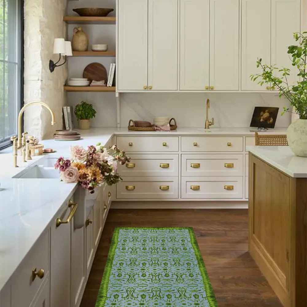 Blue & Green Chinoiserie Vinyl Floor Mat - Large