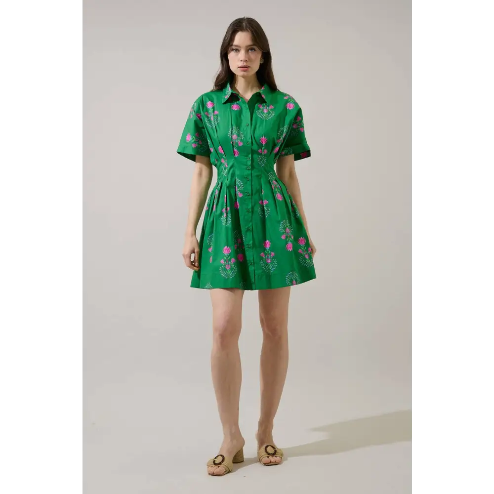 Alix Button Down Mini Dress Saura Floral - L / GRN-PINKS