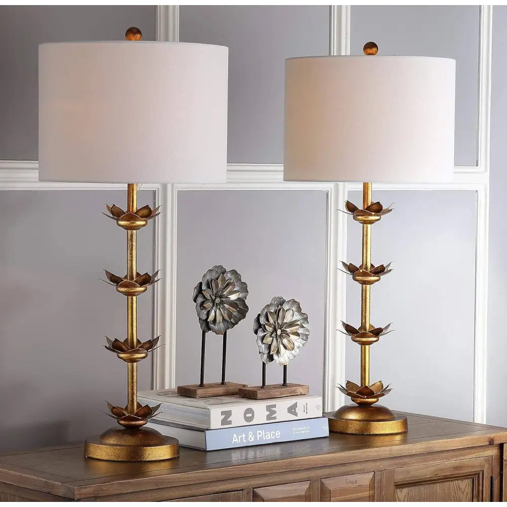 Antique Gold Leaf 32-Inch Table Lamps with White Drum Shade Set of 2 - Antique Gold