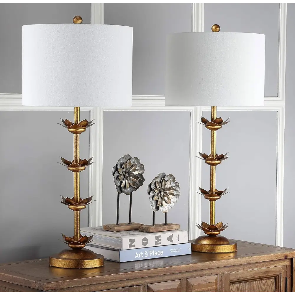 Antique Gold Leaf 32-Inch Table Lamps with White Drum Shade Set of 2 - Antique Gold