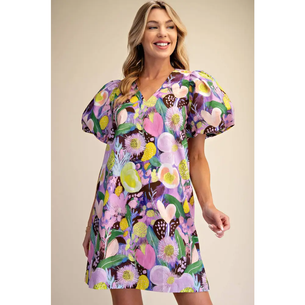 Balloon Sleeve Floral Printed Mini Dress