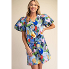Balloon Sleeve Floral Printed Mini Dress - Blue / S
