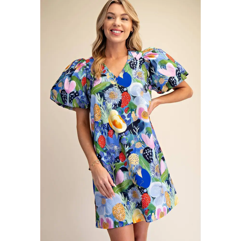 plus size floral mini dress Balloon Sleeve Floral Printed Mini Dress Blue / S