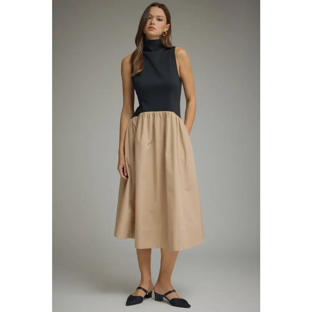 Black and Tan Midi Dress - S - Dress
