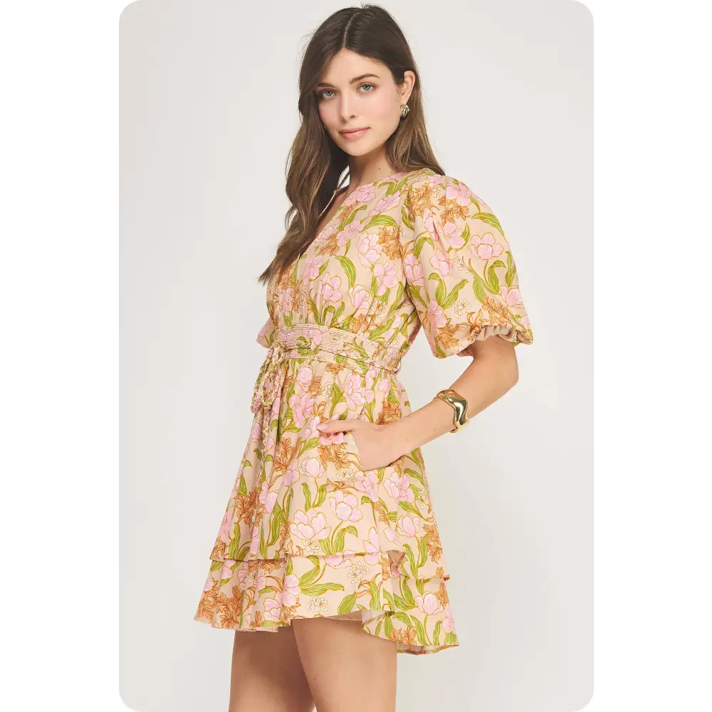 Bloom Meadow Puff Sleeve Tiered Mini Dress