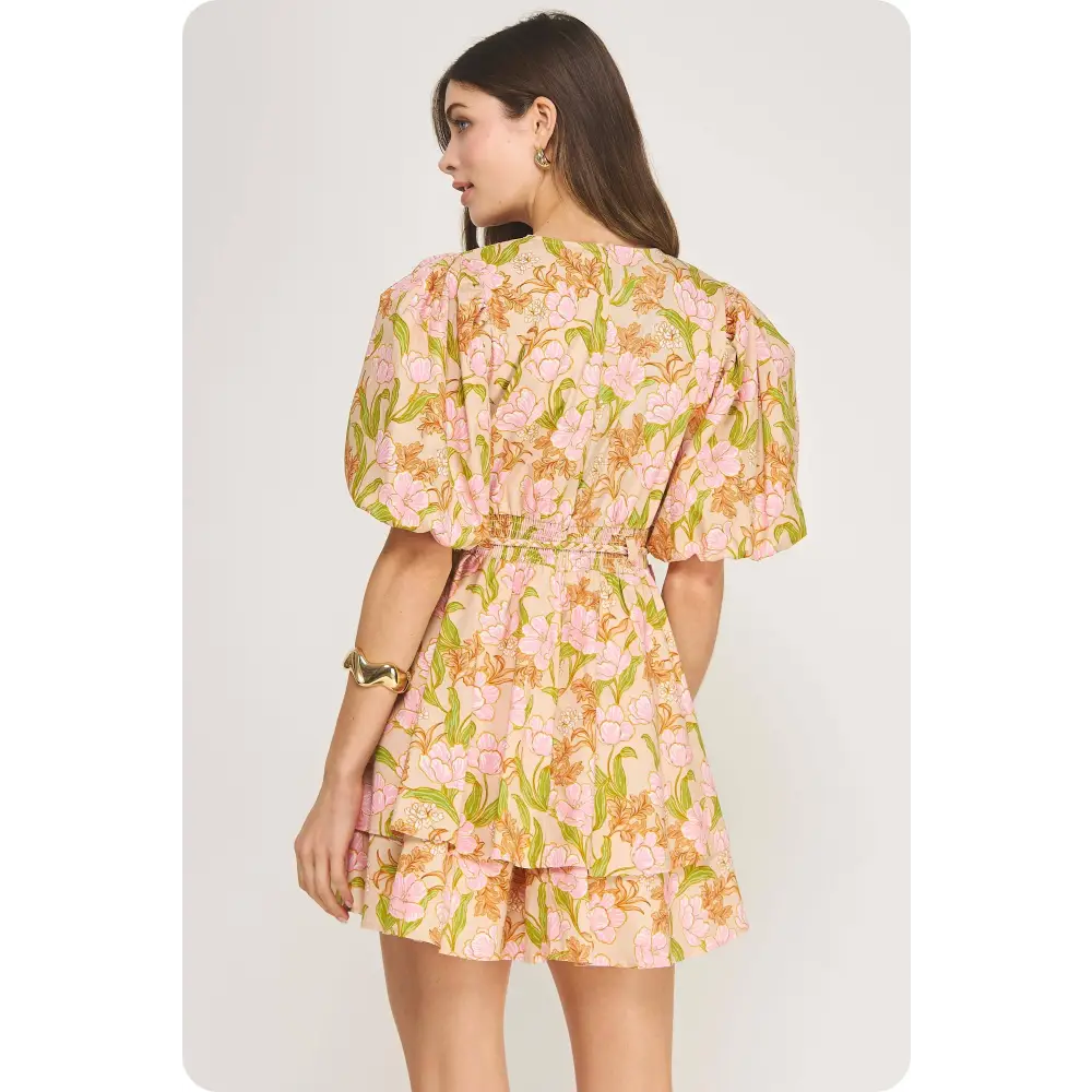 Bloom Meadow Puff Sleeve Tiered Mini Dress