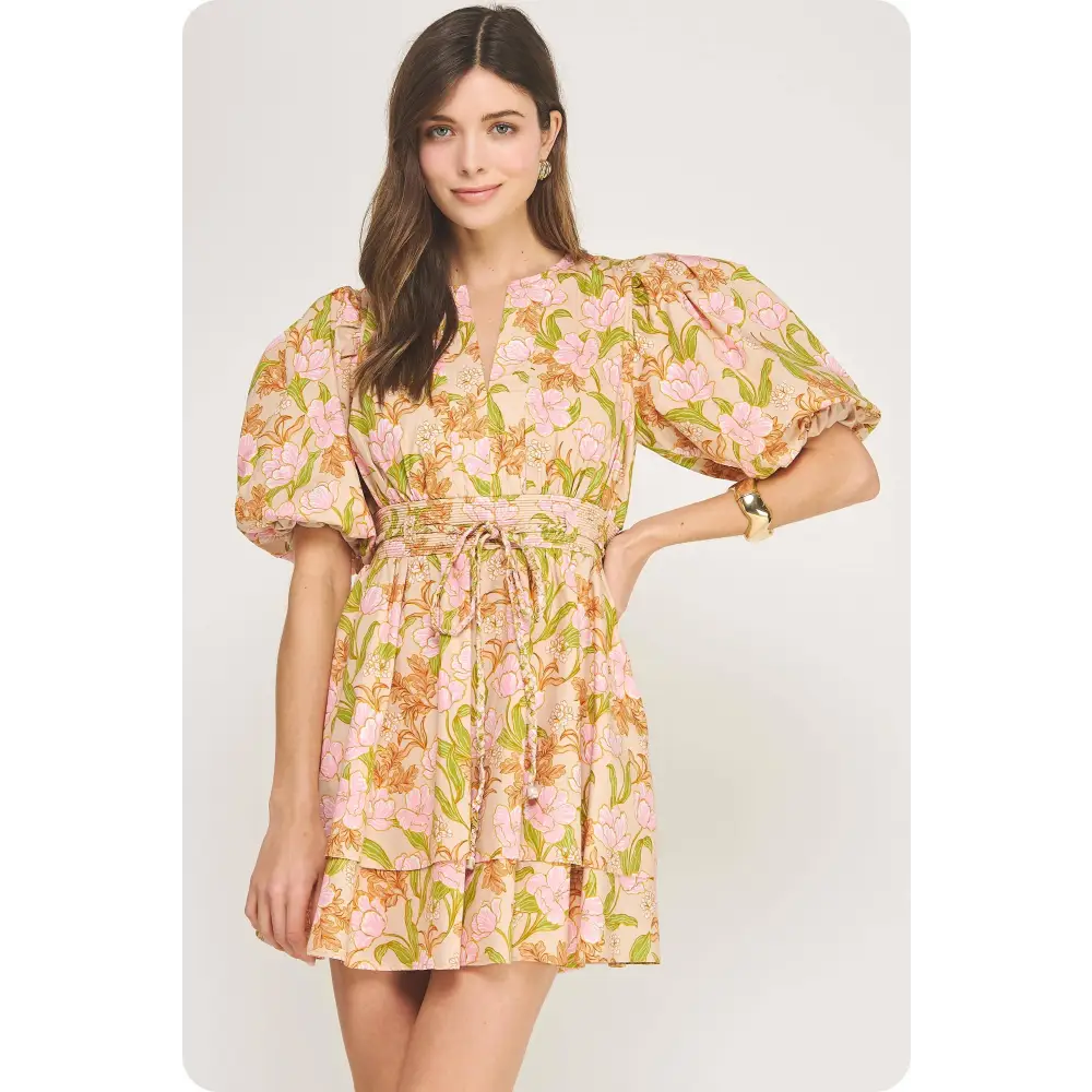Bloom Meadow Puff Sleeve Tiered Mini Dress