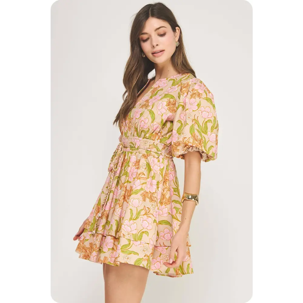 Bloom Meadow Puff Sleeve Tiered Mini Dress
