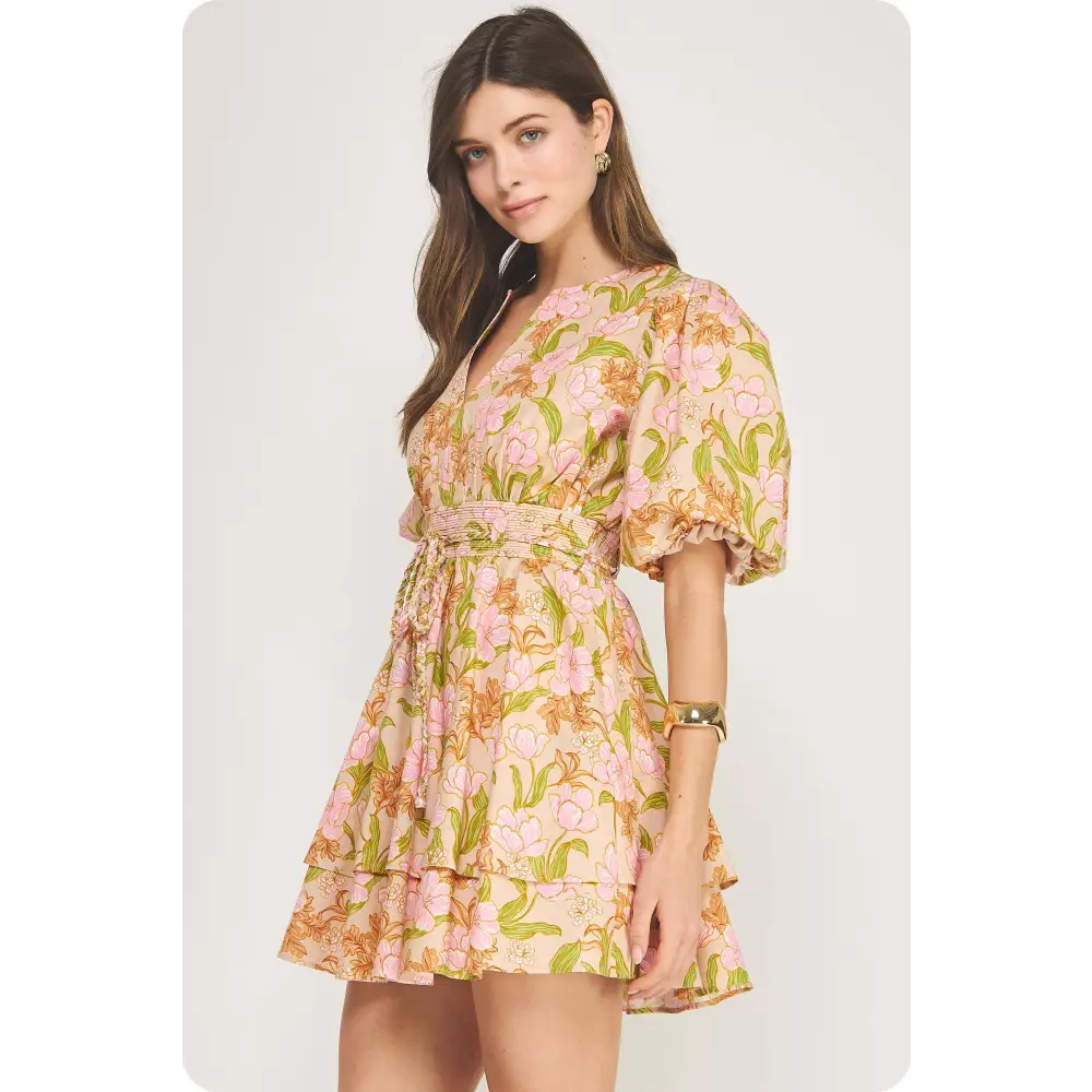 Bloom Meadow Puff Sleeve Tiered Mini Dress