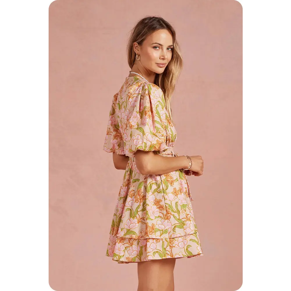 Bloom Meadow Puff Sleeve Tiered Mini Dress