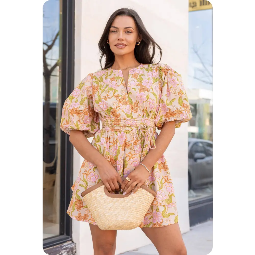 Bloom Meadow Puff Sleeve Tiered Mini Dress