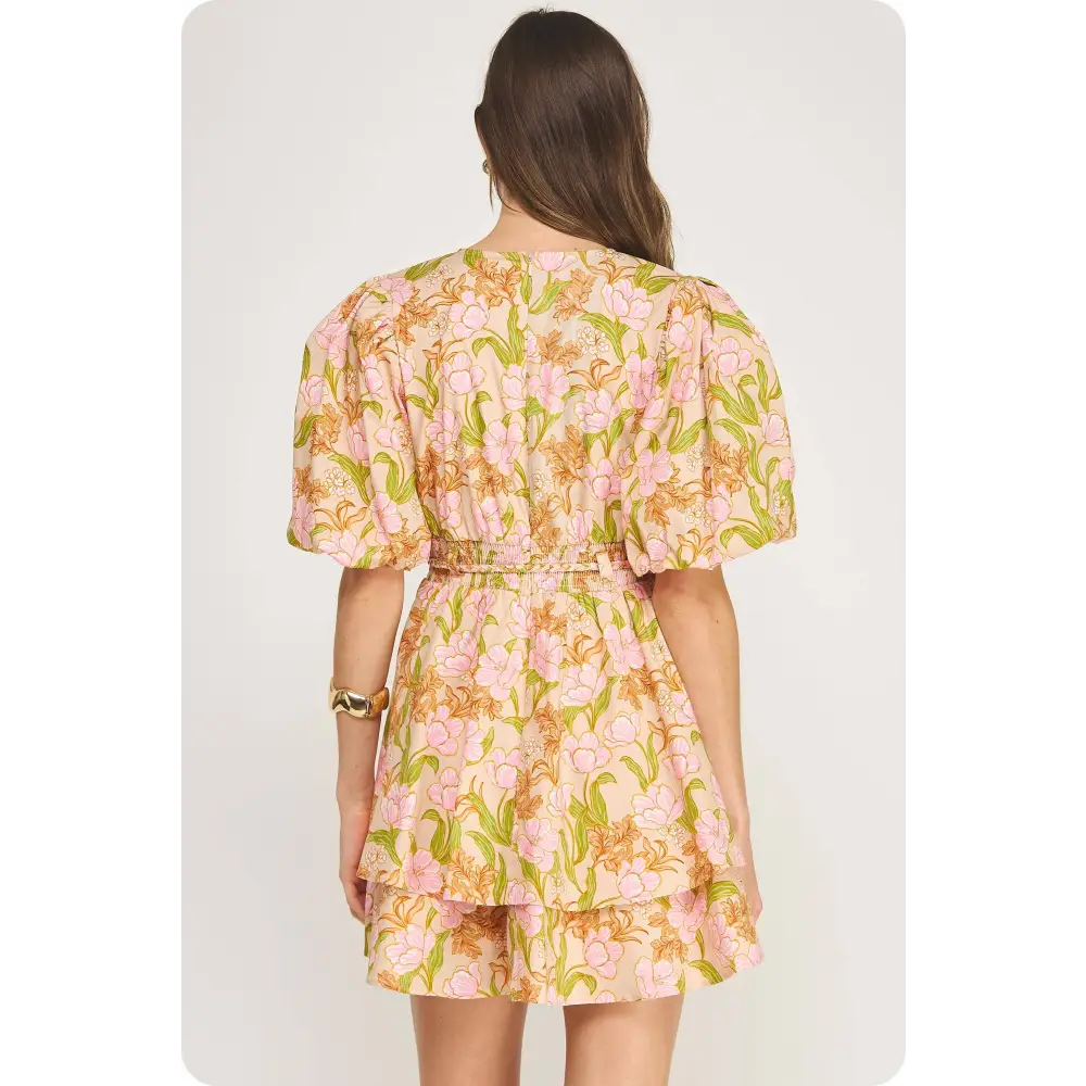 Bloom Meadow Puff Sleeve Tiered Mini Dress