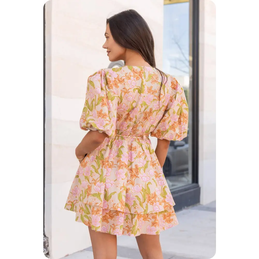 Bloom Meadow Puff Sleeve Tiered Mini Dress - Beige Multi / L