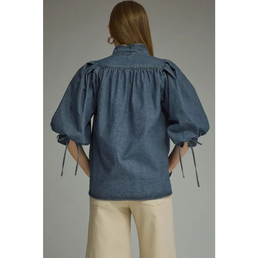 Blue Jean Color Bubble Sleeve Top - Blouse