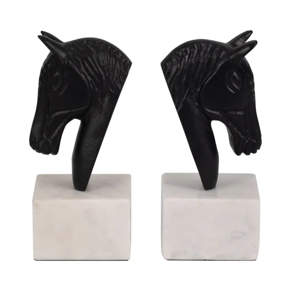 Bookends Set of 2 - White/Black Metal Horse Head 7 in.