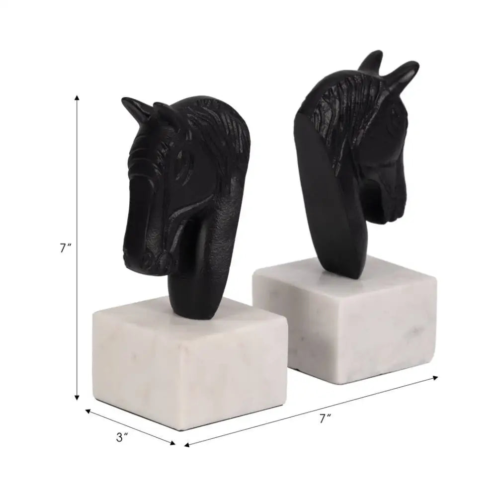 Bookends Set of 2 - White/Black Metal Horse Head 7 in.