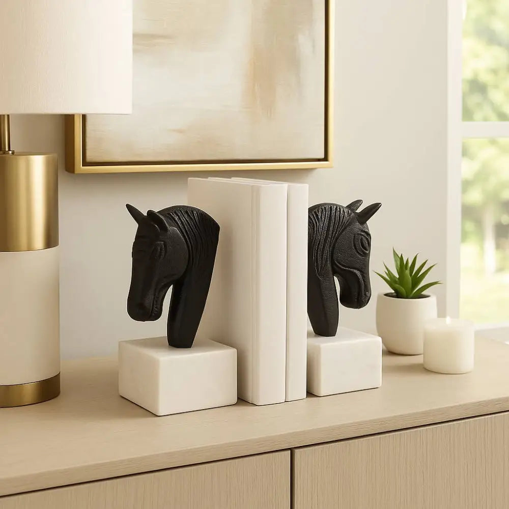 Bookends Set of 2 - White/Black Metal Horse Head 7 in.