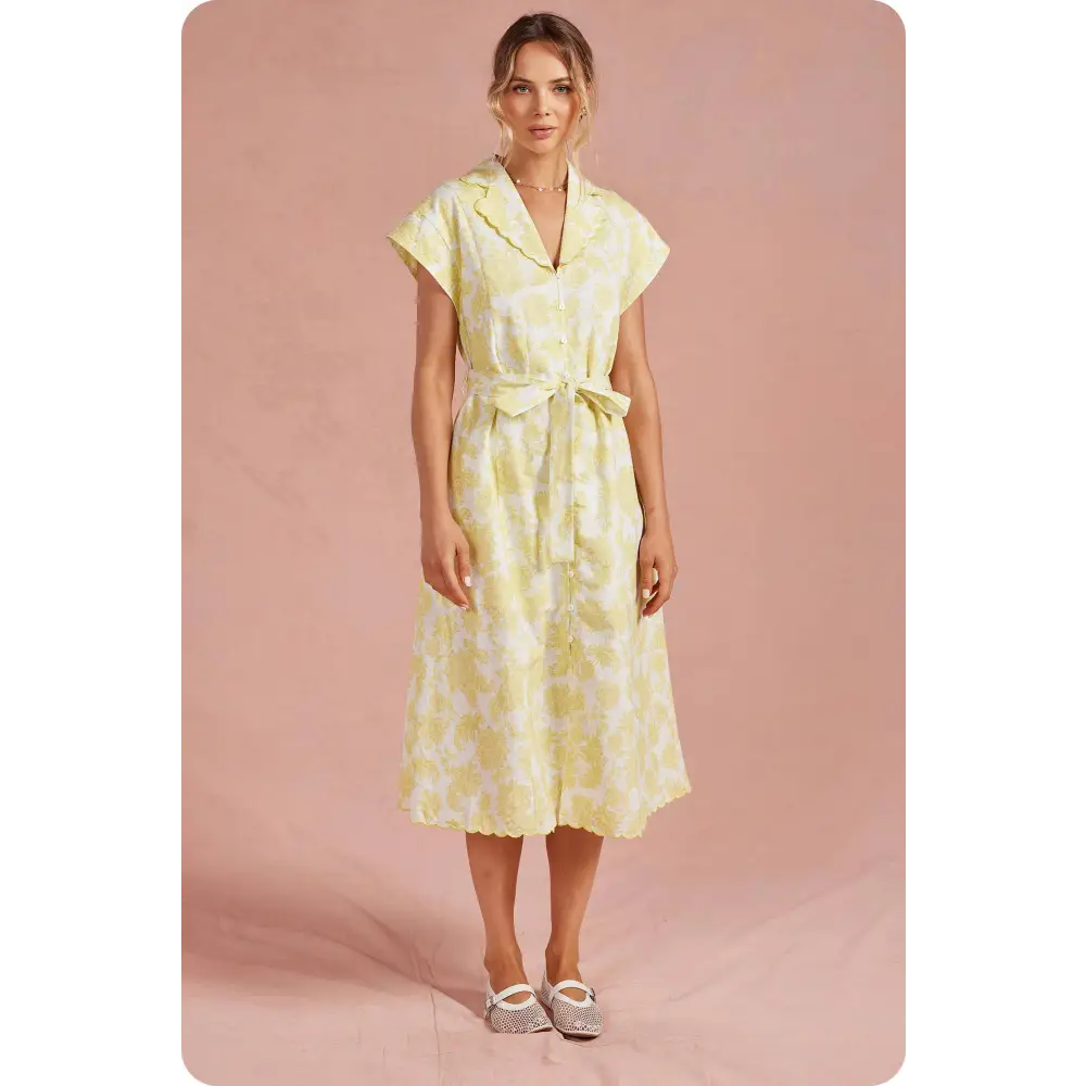 Botanical Garden Embroidery Scalloped Shirt Midi Dress