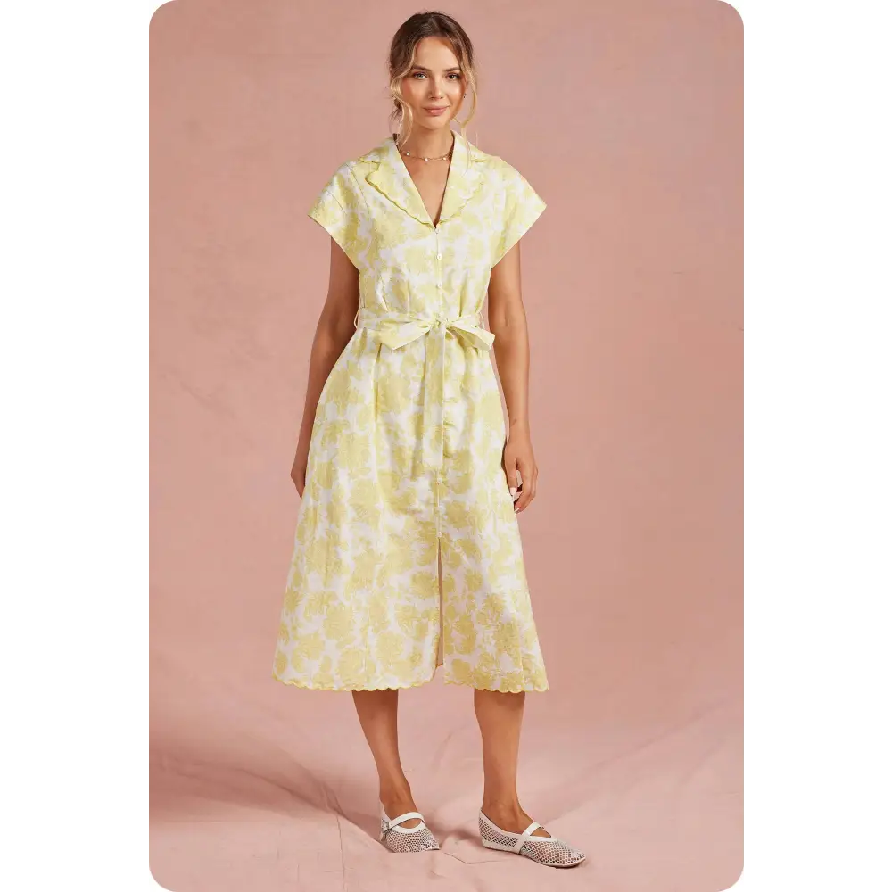 Botanical Garden Embroidery Scalloped Shirt Midi Dress