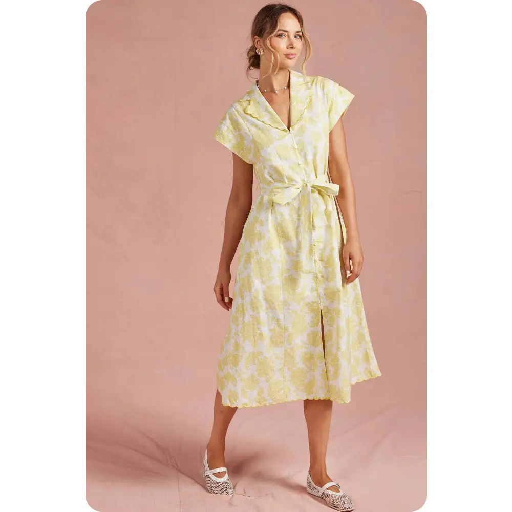 Botanical Garden Embroidery Scalloped Shirt Midi Dress