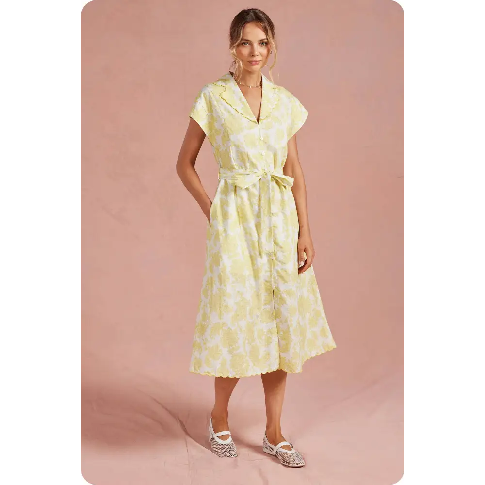 Botanical Garden Embroidery Scalloped Shirt Midi Dress