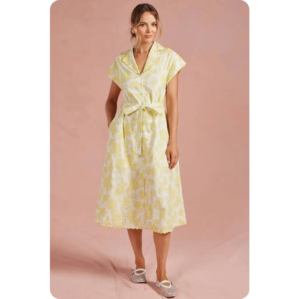 Botanical Garden Embroidery Scalloped Shirt Midi Dress