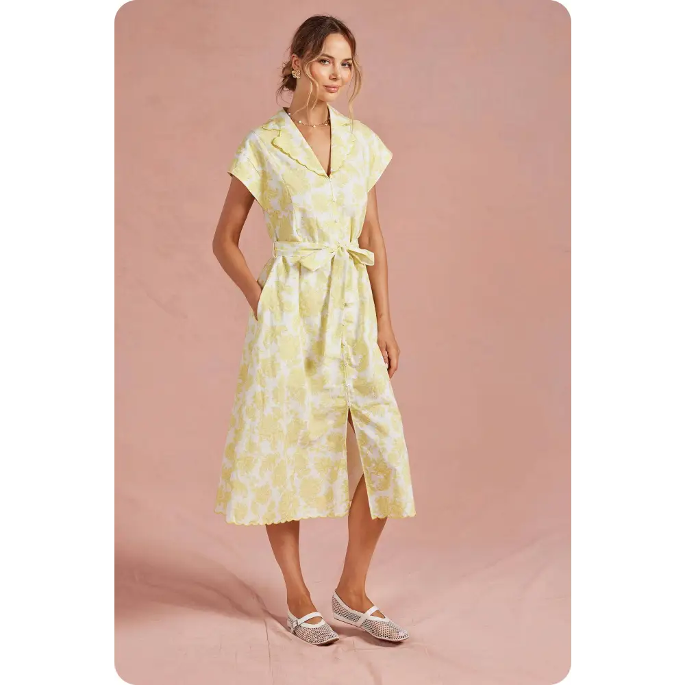 Botanical Garden Embroidery Scalloped Shirt Midi Dress