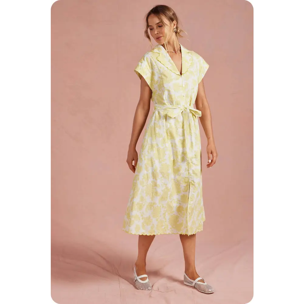 Botanical Garden Embroidery Scalloped Shirt Midi Dress