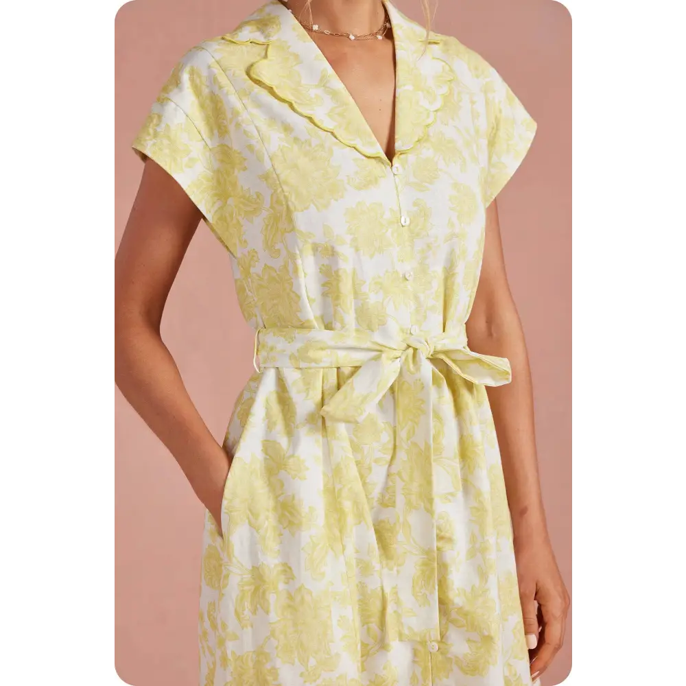 Botanical Garden Embroidery Scalloped Shirt Midi Dress - L / Butter/white